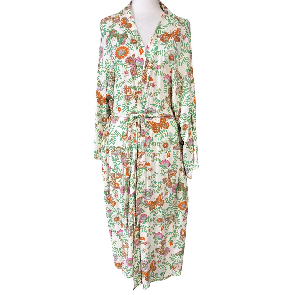 World Market Kimono Robe Womens One Size Multicolor Butterfly Floral Belted
